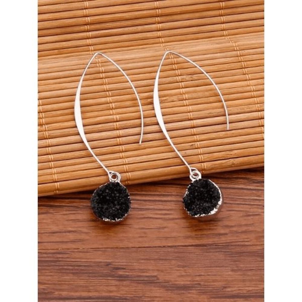 STERLING SILVER BLACK RESIN ROUND STONE DANGLE EARRINGS